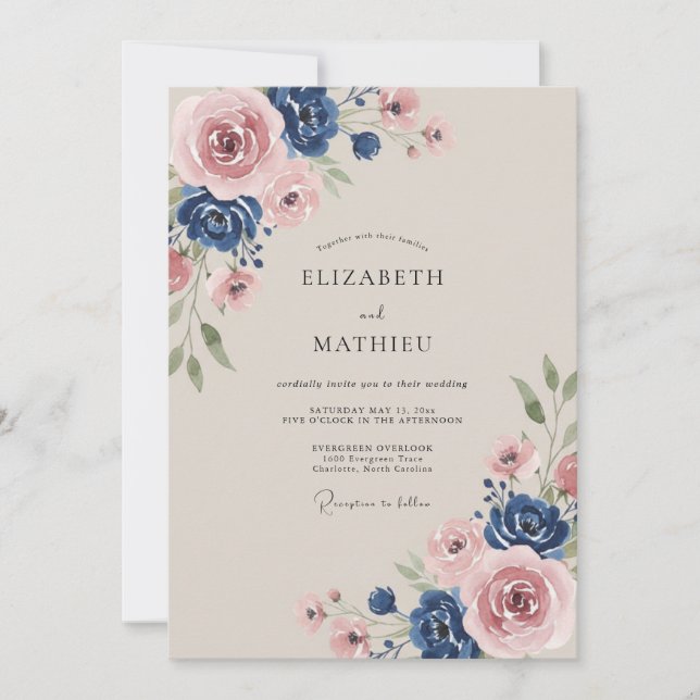 Dusty Blue Rose Romantic Wedding Invitation (Front)