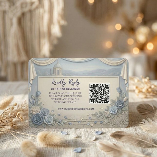 Dusty Blue Rose Romantic Wedding QR Code  RSVP Card (Creator Uploaded)