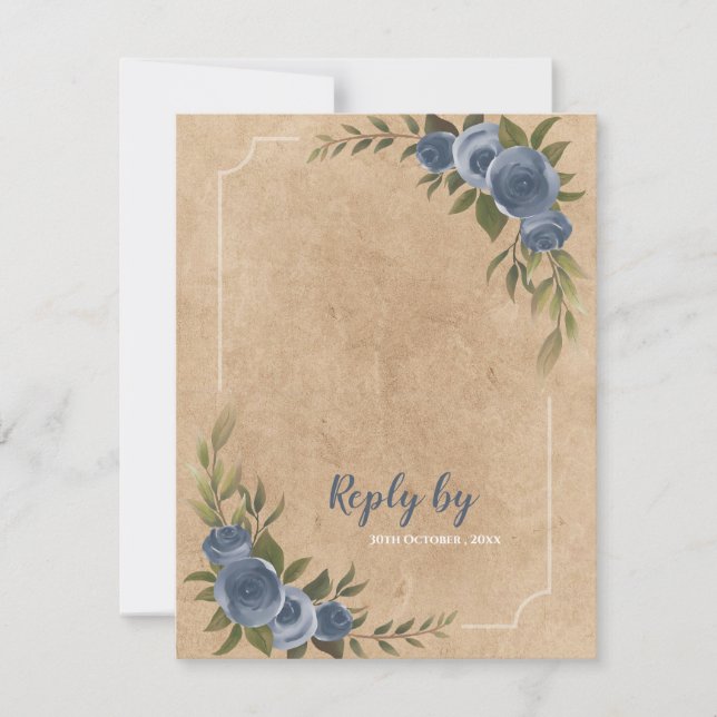 Dusty Blue Rose Rustic Wedding With QR Code RSVP Card (Front)