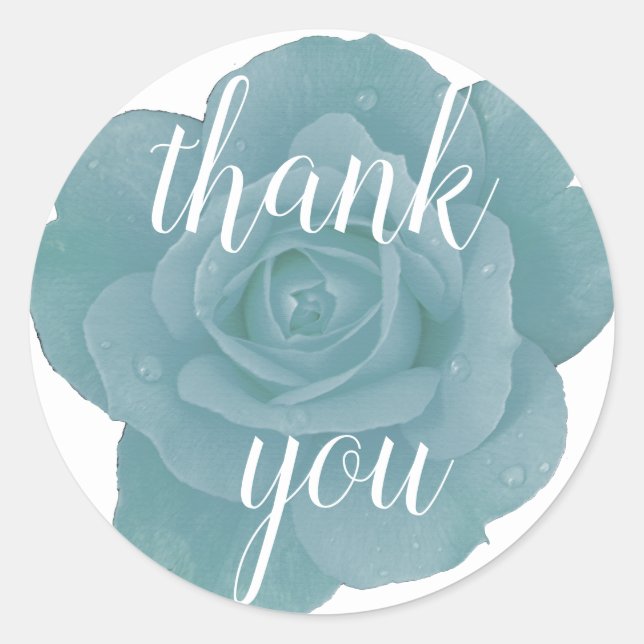 Dusty Blue Rose Thank You Floral Wedding Message Classic Round Sticker (Front)