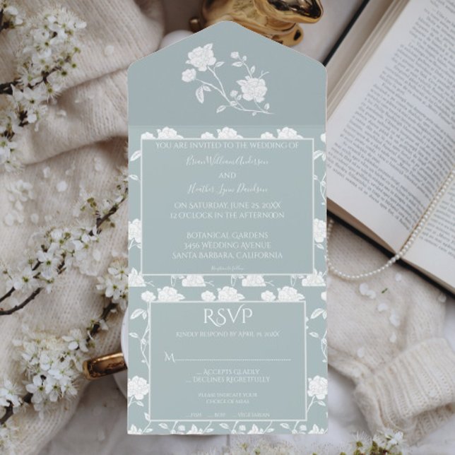 Dusty Blue Rose Wedding All In One Invitation (Dusty Blue Rose All in One Wedding Invitation)
