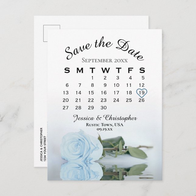 Dusty Blue Rose Wedding Calendar Save the Date Announcement Postcard (Front/Back)