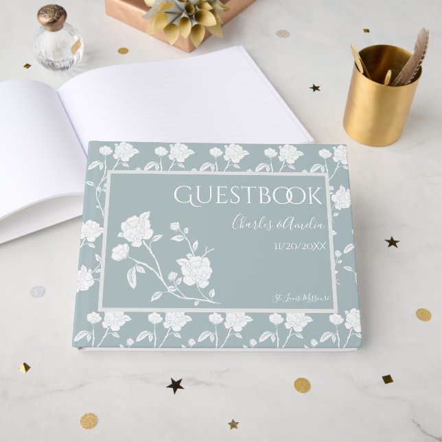 Dusty Blue Rose Wedding Guest Book (Front Open)