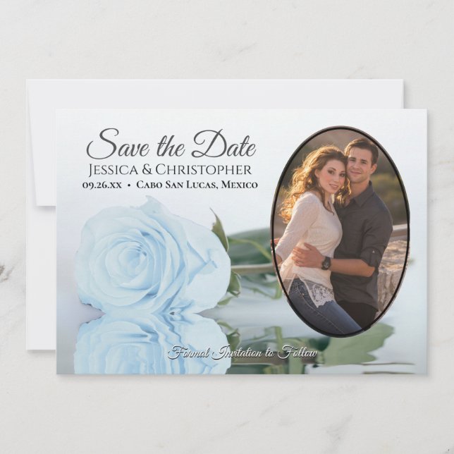 Dusty Blue Rose with Oval Photo Romantic Wedding Save The Date (Front)