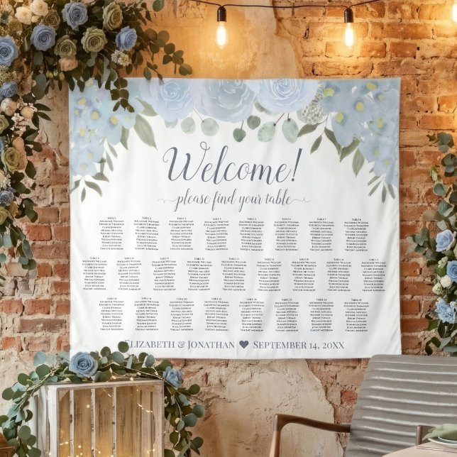 Dusty Blue Roses 25 Table Wedding Seating Chart Tapestry (Creator Uploaded)