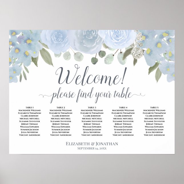 Dusty Blue Roses 5 Table Wedding Seating Chart (Front)