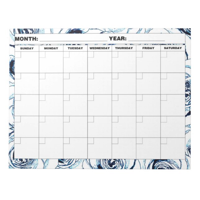 Dusty Blue Roses Blank Calendar Notepad (Front)