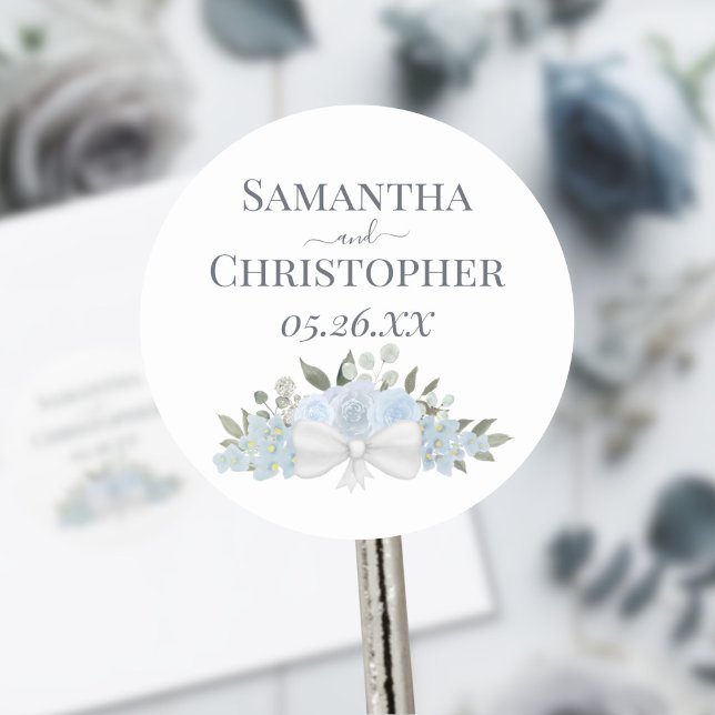 Dusty Blue Roses & Blossoms Bouquet Simple Wedding Classic Round Sticker (Creator Uploaded)