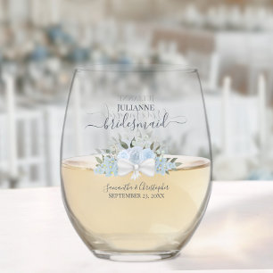 Dusty Blue Roses Bridesmaid Maid of Honour Gift Stemless Wine Glass
