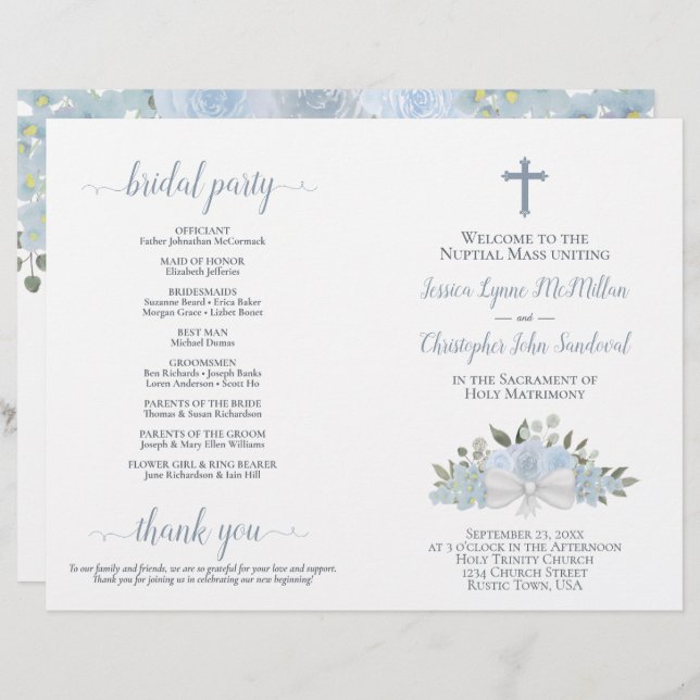 Dusty Blue Roses DIY Fold Catholic Wedding Program (Front/Back)