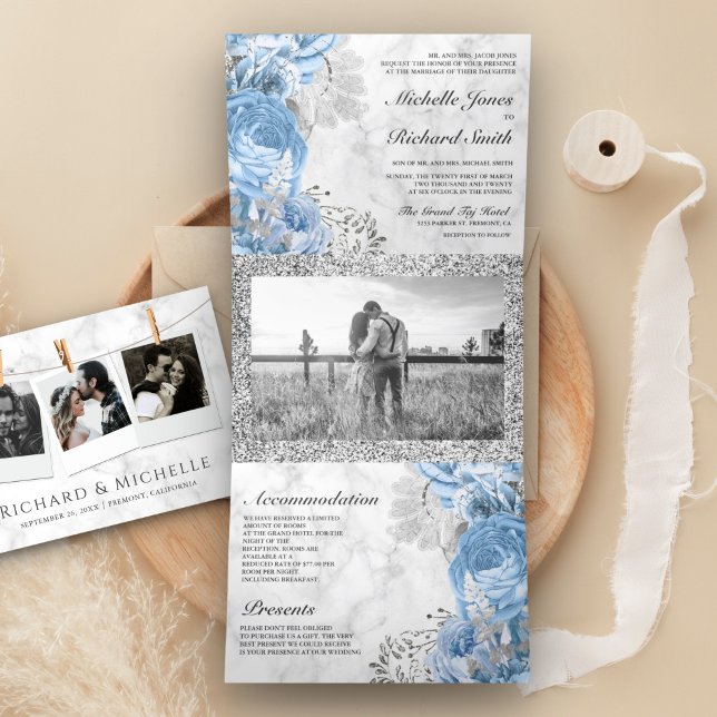 Dusty Blue Roses Floral Photo White Marble Wedding Tri-Fold Invitation (Creator Uploaded)
