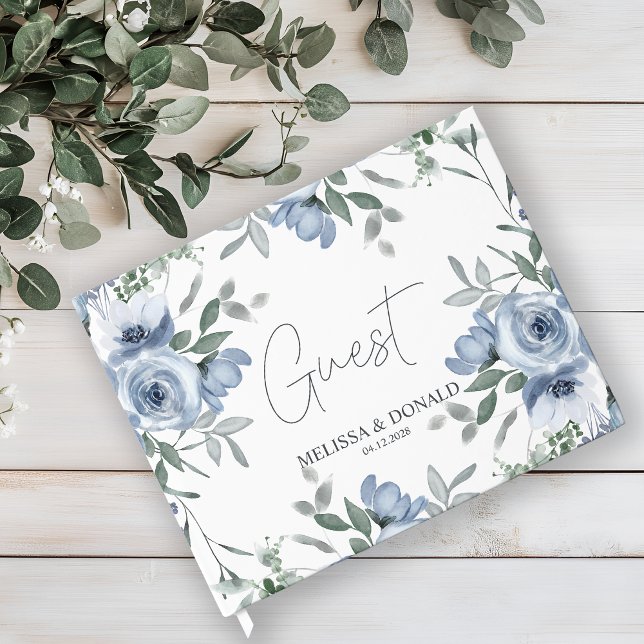 Dusty Blue Roses Flowers Simple Boho Wedding Guest Book (Creator Uploaded)