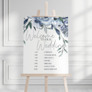 Dusty Blue Roses Flowers Wedding Schedule Poster