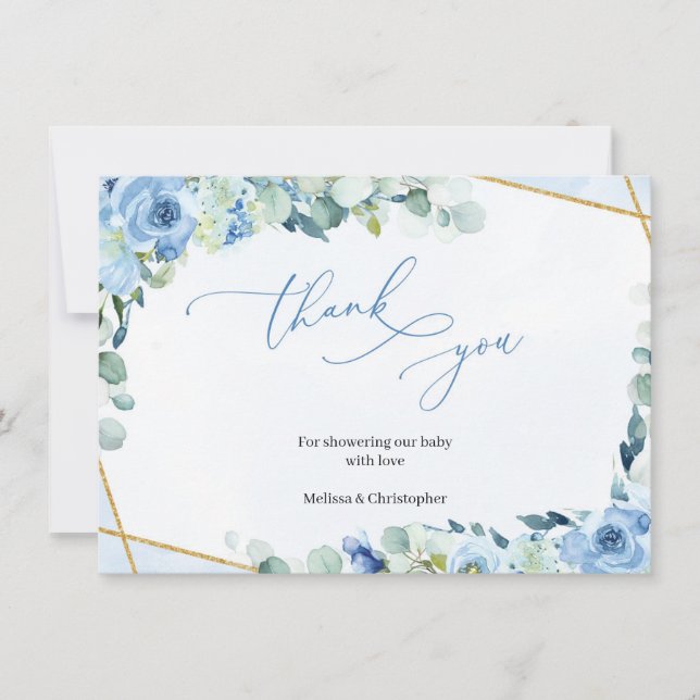 Dusty Blue Roses Gold Geometric Boy Baby Shower Thank You Card (Front)