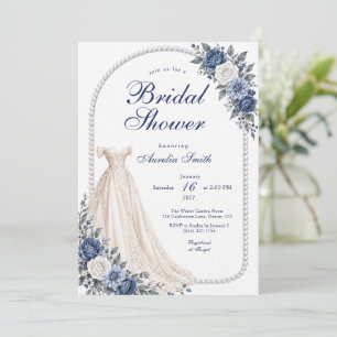Dusty Blue Roses, Gown & Pearls Bridal Shower Invitation