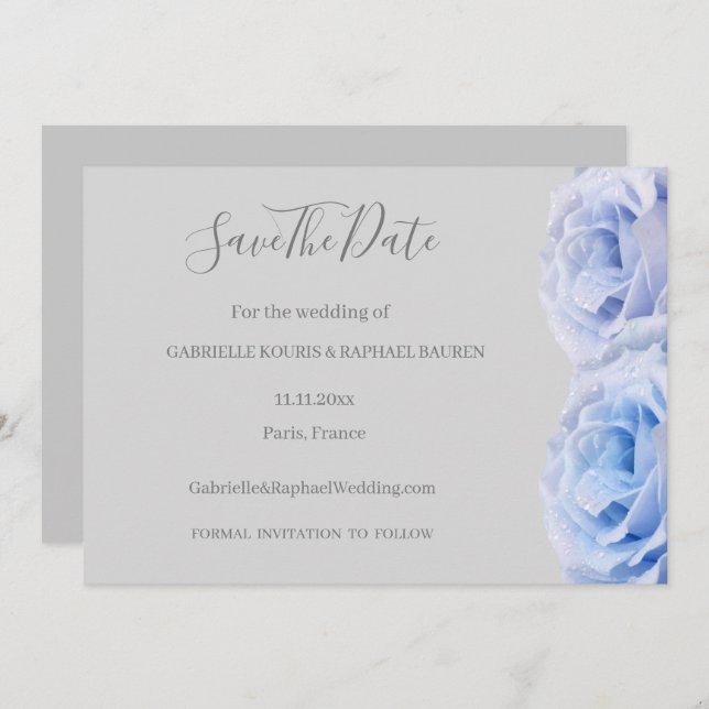 Dusty Blue Roses Grey Floral Save The Date Wedding Invitation (Front/Back)