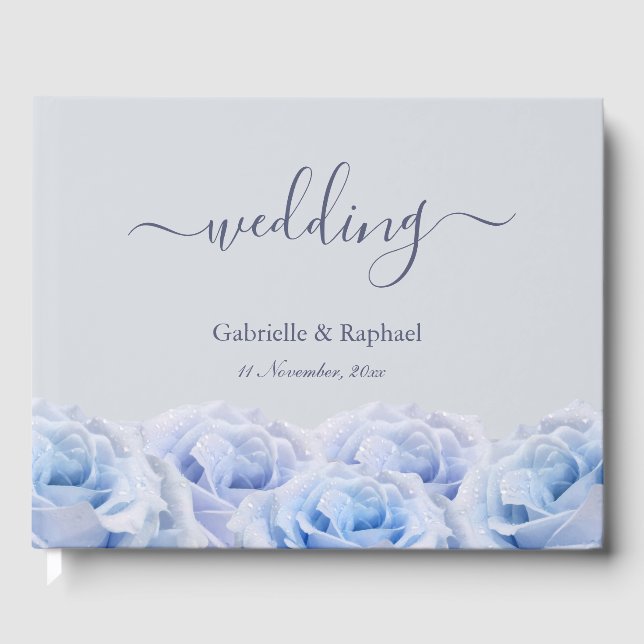 Dusty Blue Roses Light Grey Elegant Wedding Guest Guest Book (Front)