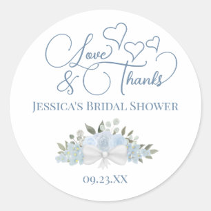 Dusty Blue Roses Love & Thanks Bridal Shower Classic Round Sticker