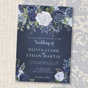 Dusty Blue Roses on Navy Invitation