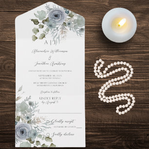 Dusty Blue Roses on White All In One Invitation