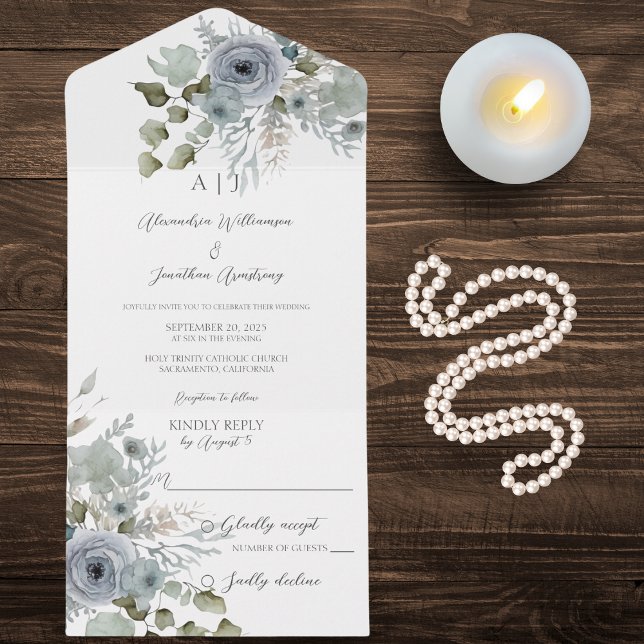 Dusty Blue Roses on White  All In One Invitation (Creator Uploaded)