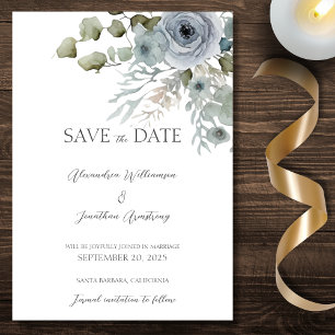 Dusty Blue Roses on White Wedding Save The Date