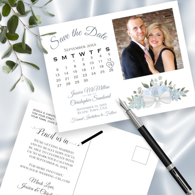 Dusty Blue Roses Photo & Calendar Save the Date Announcement Postcard (Creator Uploaded)