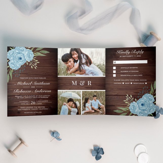 Dusty Blue Roses Photo Collage Rustic Wood Wedding Tri-Fold Invitation (Creator Uploaded)