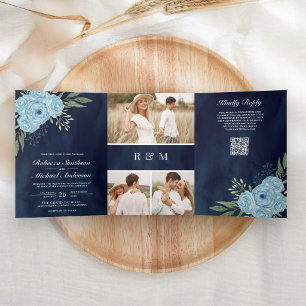 Dusty Blue Roses Photo Navy Blue QR Code Wedding Tri-Fold Invitation