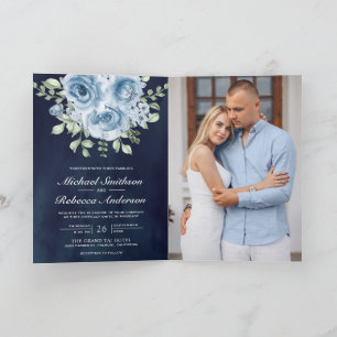 Dusty Blue Roses Photo Navy Photo QR Code Wedding Invitation