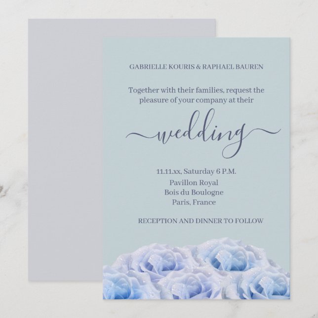 Dusty Blue Roses Sage Grey Elegant Floral Wedding Invitation (Front/Back)