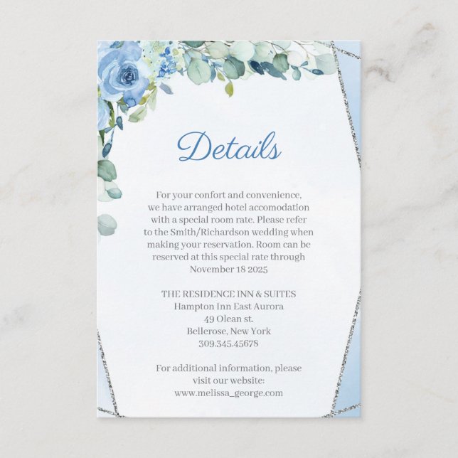 Dusty Blue Roses Silver Geometric Wedding Details Enclosure Card (Front)