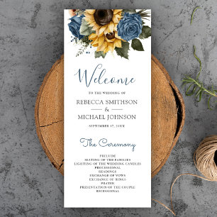 Dusty Blue Roses Sunflowers Wedding Program