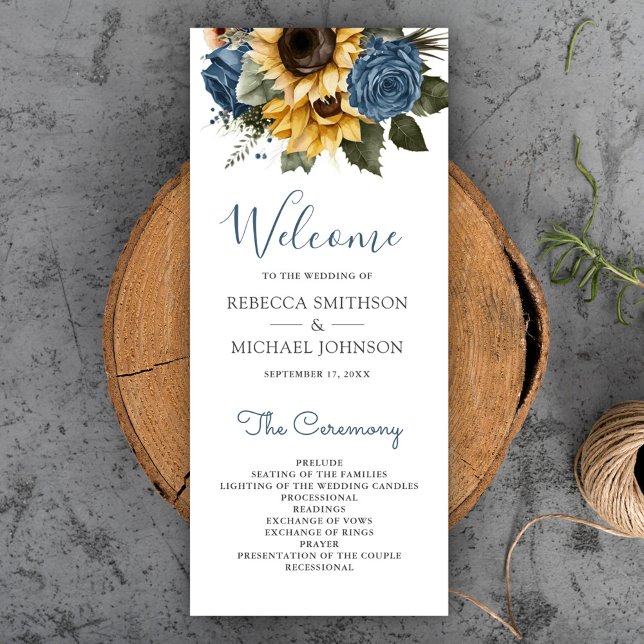 Dusty Blue Roses Sunflowers Wedding Program (Creator Uploaded)