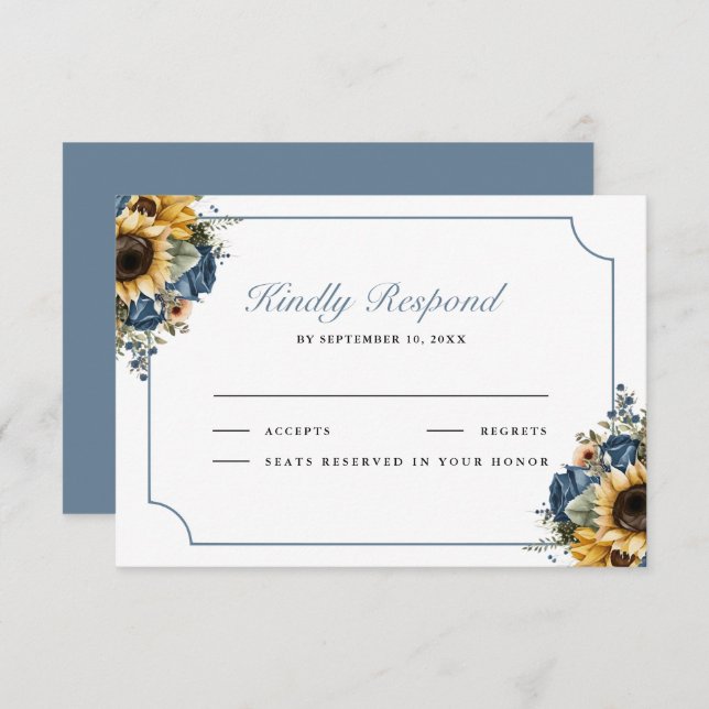 Dusty Blue Roses Sunflowers Wedding RSVP Card (Front/Back)