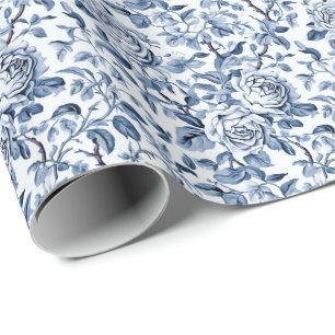 Dusty Blue Roses Toile Pattern Wrapping Paper