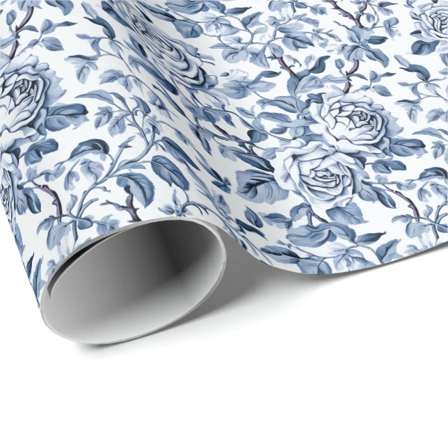 Dusty Blue Roses Toile Pattern Wrapping Paper (Roll Corner)