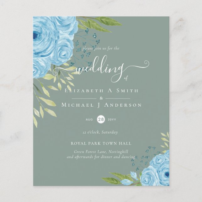 Dusty Blue Roses Wedding Budget Flyer (Front)