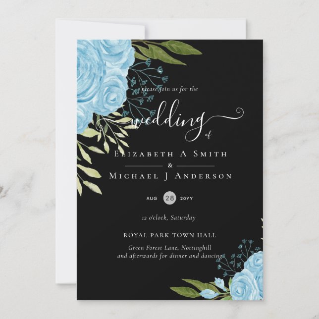 Dusty Blue Roses Wedding Budget Invitation (Front)