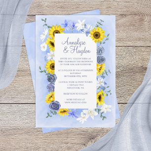 Dusty Blue Roses, Yellow Sunflowers Wedding Invitation