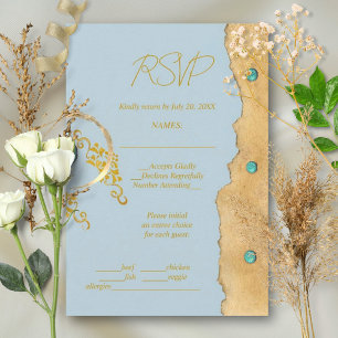 Dusty Blue Rustic Boho Gold Turquoise Wedding RSVP Card