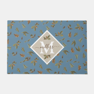 Dusty Blue Rustic Brown Leaves Family Monogrammed  Doormat
