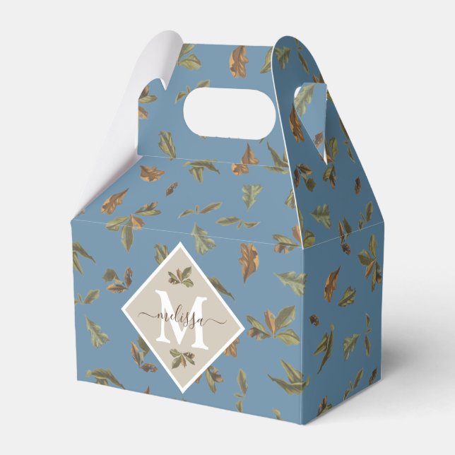 Dusty Blue Rustic Brown Leaves Monogrammed Favour Box (Front Side)
