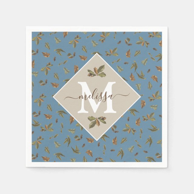 Dusty Blue Rustic Brown Leaves Monogrammed Napkin (Front)