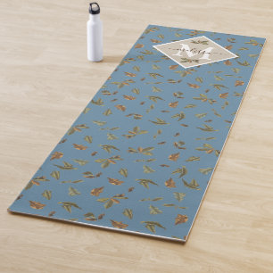Dusty Blue Rustic Brown Leaves Monogrammed Yoga Mat