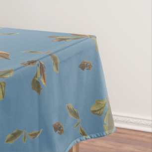 Dusty Blue Rustic Brown Leaves Tablecloth