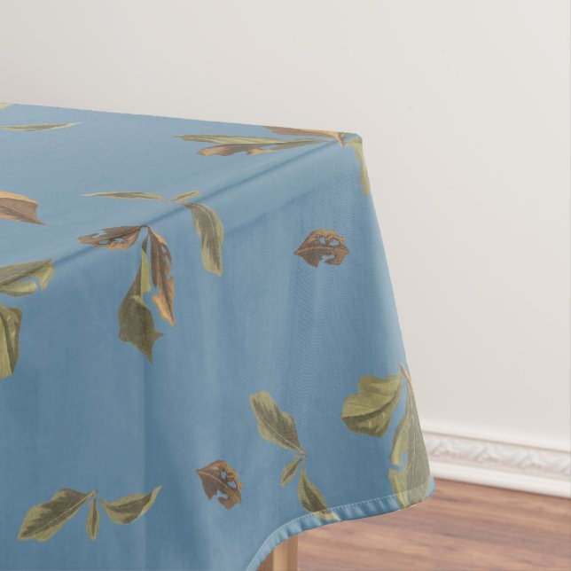Dusty Blue Rustic Brown Leaves Tablecloth (In Situ)