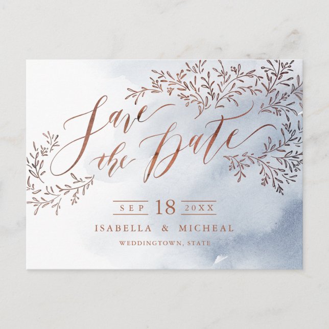 Dusty blue rustic floral calligraphy save the date announcement postcard (Front)