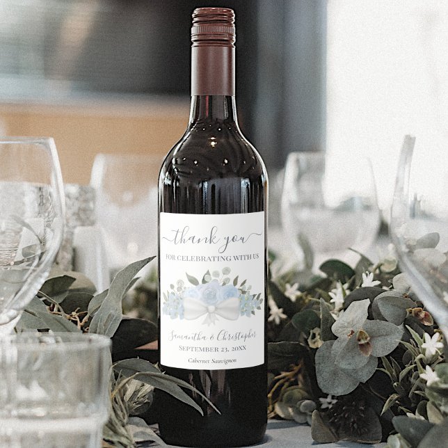 Dusty Blue Rustic Floral Elegant Wedding Thank You Wine Label (Creator Uploaded)