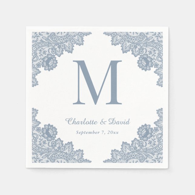 Dusty Blue Rustic Floral Lace Monogram Wedding Napkin (Front)